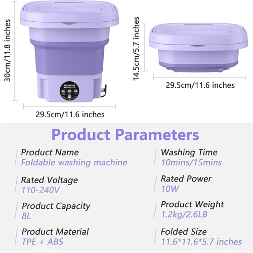8L Portable Washing Machine Mini Washer Foldable W